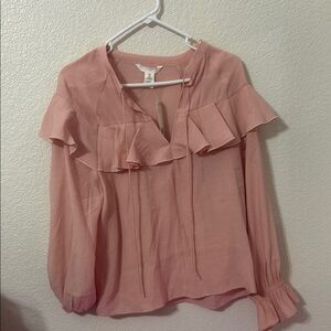 H&M Pink Ruffled Tie Front Blouse with Bib Collar